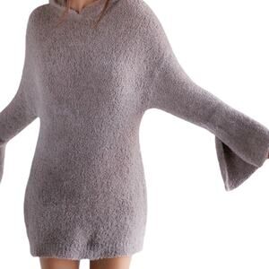 Express Taupe Teddy Hooded Plush Bell Sleeve Sweater Dress Women's Size Large